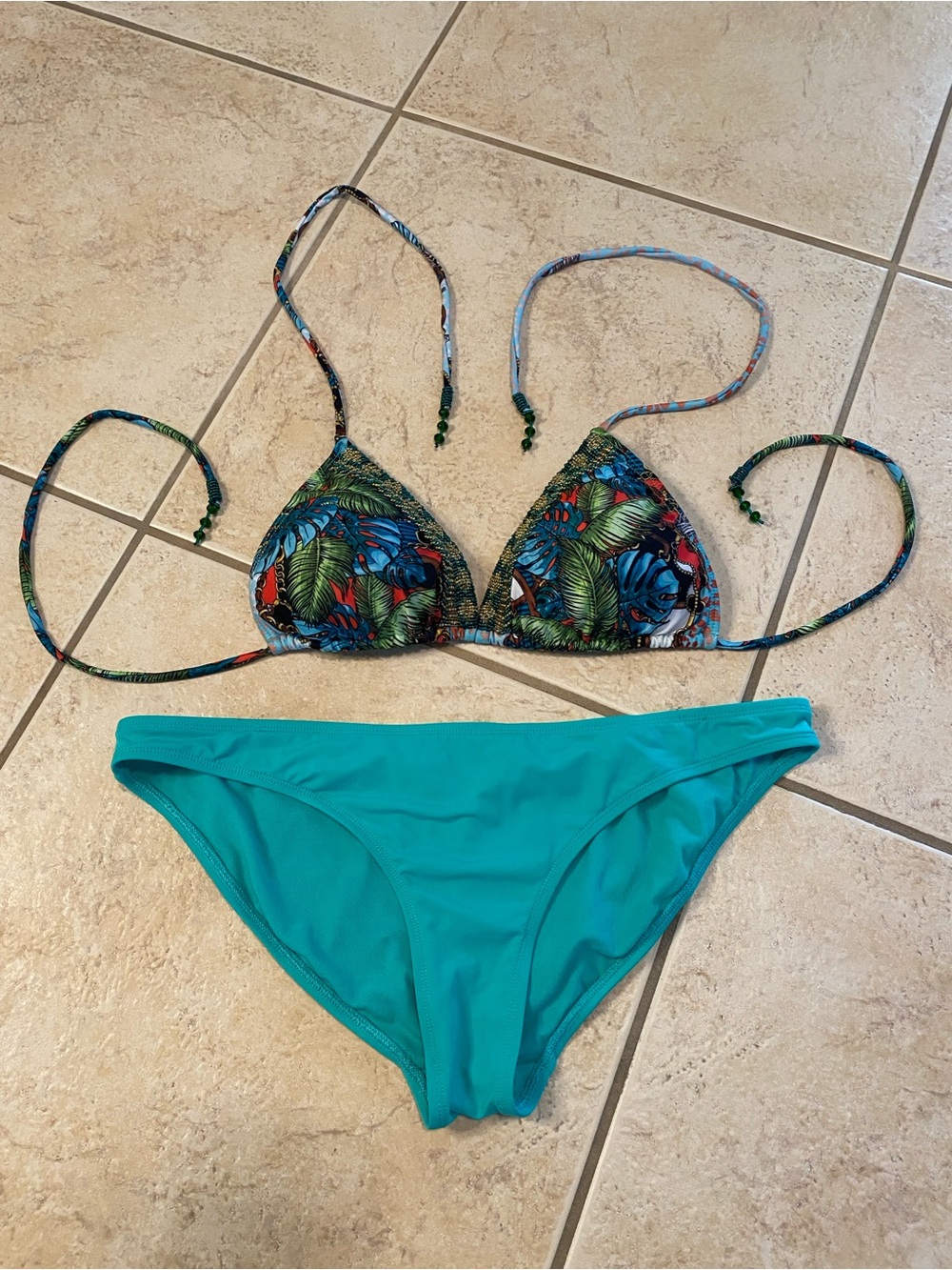 Tropical Leaf Print Triangle Bikini Top with Teal Bikini Bottoms